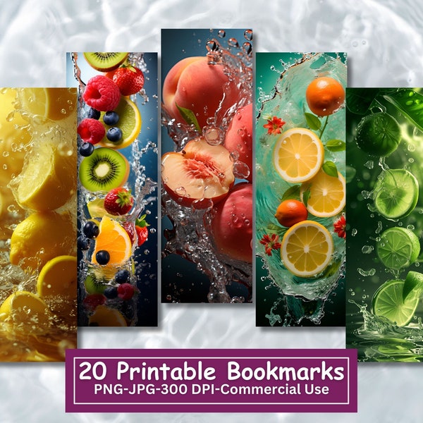 Fruit Printable Bookmarks Bundle, Set Of 20 PNG/JPG, Bookmark Sheets, Print And Cut Bookmark Set, Peaches, Lemons, Limes, Kiwi Sublimation