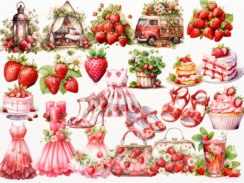Watercolor Strawberry Clipart Bundle: Rustic Fruit Designs (PNG Set of ...