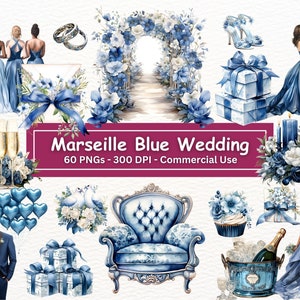 Pacote de clipart de casamento Marseille Bleu, conjunto de 60 PNGs transparentes, clipart de noivo de noiva, cor de casamento do ano de 2024, uso comercial