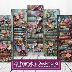 Ensemble de signets imprimables papillon floral, lot de 20 modèles, feuilles de signets JPG, sublimation PNG, ensemble de signets à imprimer et à découper