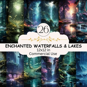 Può includere: Un collage digitale di 26 scene incantate di cascate e laghi. Le immagini mostrano lussureggianti foreste verdi, acqua scintillante e luci brillanti. Il testo "26 Enchanted Waterfalls & Lakes 12x12 in Commercial Use" è visualizzato sull'immagine.
