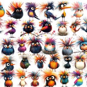 Peut inclure: Une collection d'oiseaux de style cartoon color&eacute;s avec des traits exag&eacute;r&eacute;s, notamment de grands yeux, des plumes vives et des cheveux h&eacute;riss&eacute;s. Les oiseaux sont repr&eacute;sent&eacute;s dans diverses poses, certains avec le bec ouvert et d'autres avec le bec ferm&eacute;. L'arri&egrave;re-plan est une toile blanche.