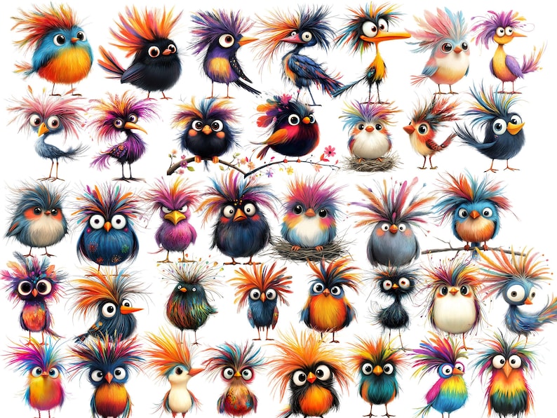 Peut inclure: Une collection d'oiseaux de style cartoon color&eacute;s avec des traits exag&eacute;r&eacute;s, notamment de grands yeux, des plumes vives et des cheveux h&eacute;riss&eacute;s. Les oiseaux sont repr&eacute;sent&eacute;s dans diverses poses, certains avec le bec ouvert et d'autres avec le bec ferm&eacute;. L'arri&egrave;re-plan est une toile blanche.