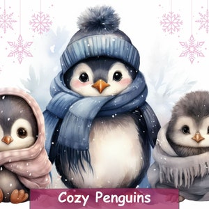 Gezellige Penguins Clipart Bundel, 12 JPG Plus Bonus Winter Digital Paper Pack, Kids Clipart, Junk Journals, Scrapbooking, Card Making