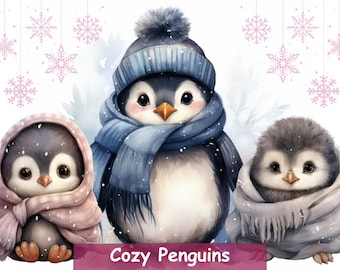 May include: Three cartoon penguins wearing winter accessories. The penguin in the center is wearing a blue hat and scarf. The penguin on the left is wearing a pink scarf. The penguin on the right is wearing a gray scarf. The background is a watercolor wash of pink and blue with snowflakes.