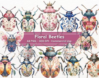 Floral Beetles Clipart Bundle, 44 PNG Set, Fantasy Flower Insect Illustrations, Card Making, Scrapbooking, Digital Paper Craft