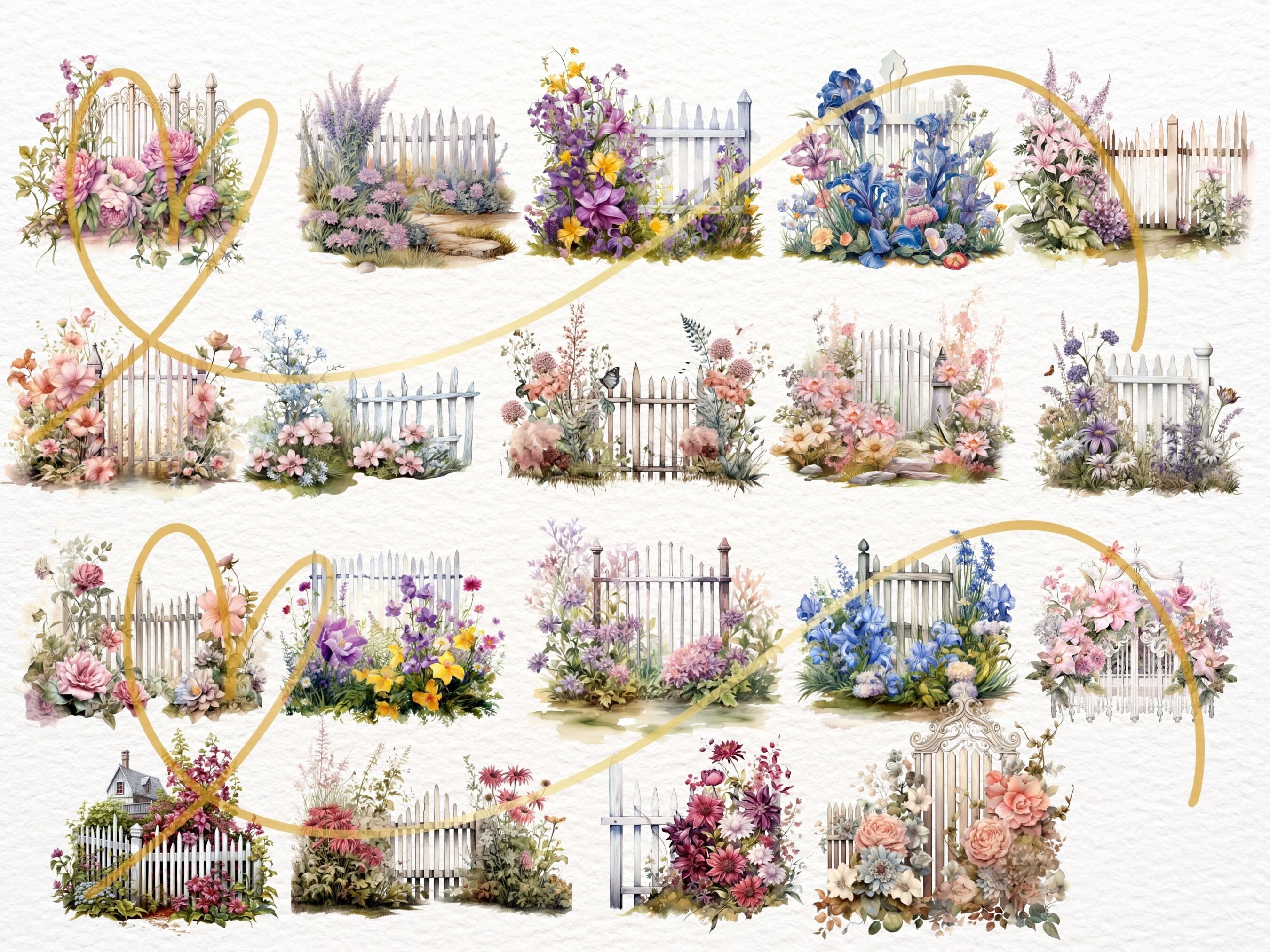 水彩画の花の庭のクリップアート：門、ベンチ、花（40 PNG セット