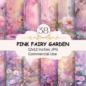 May include: A collection of 38 digital art images featuring a pink fairy garden theme. The images showcase watercolor illustrations of flowers, trees, and whimsical elements. The text "Pink Fairy Garden" and dimensions are displayed.