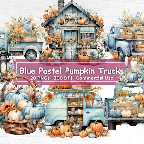 Fall Pastel Blue Pumpkin Truck Clipart Bundle, 20 PNG Set, Blue Vintage Truck Clip Art, Watercolor Autumn Blue Pumpkins, Sublimation
