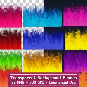 May include: A set of 22 digital images featuring transparent background flames in various colors, including pink, blue, red, yellow, green, and purple. The flames are stylized and resemble smoke.  The images are 300 DPI and suitable for commercial use.