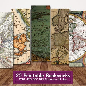 Alte Karten druckbare Lesezeichen Bundle, 20 JPG/PNG Set, Vintage Ephemera Lesezeichen, drucken und schneiden, digitaler Download, kommerzielle Nutzung