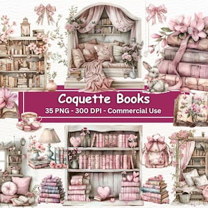 Kokette Bücher Clipart, PNG Set von 35, Vintage Buchstapel, Bücherregale, Leseecke, Bibliothek, Kartenherstellung, digitales Papierhandwerk