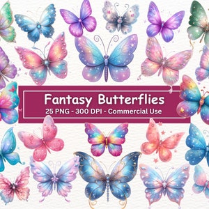 Bundle de cliparts papillon fantastique, 25 PNG en bonus, conte de fées, paillettes, papillons scintillants, fabrication de cartes, faire-part