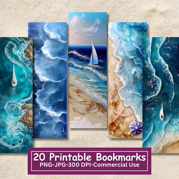 Sailboat Textured Painting Printable Bookmarks Bundle, Set Of 20 PNG/JPG Bookmark Designs, Nautical Resin Ocean Art, Waves, Sand, Beach