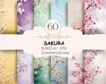 Sakura Flowers Scrapbook Paper: Japanese Cherry Blossom, 60 JPG (Digital Download)