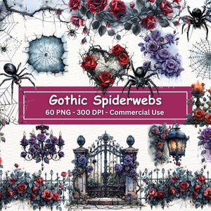Könnte beinhalten: Ein Set mit 60 digitalen Bildern mit gotischen Spinnennetzen, Rosen und anderen gruseligen Elementen. Die Bilder sind im PNG-Format und haben eine Auflösung von 300 DPI. Sie eignen sich perfekt für digitales Scrapbooking, Kartenherstellung und andere kreative Projekte.