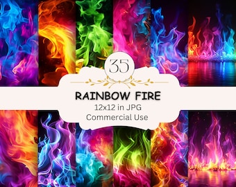 Ombre Rainbow Colors Neon Fire Background Texture Bundle, Electric Green, Yellow, Blue, Red, Orange, Pink,Purple Flames Digital Paper Pack