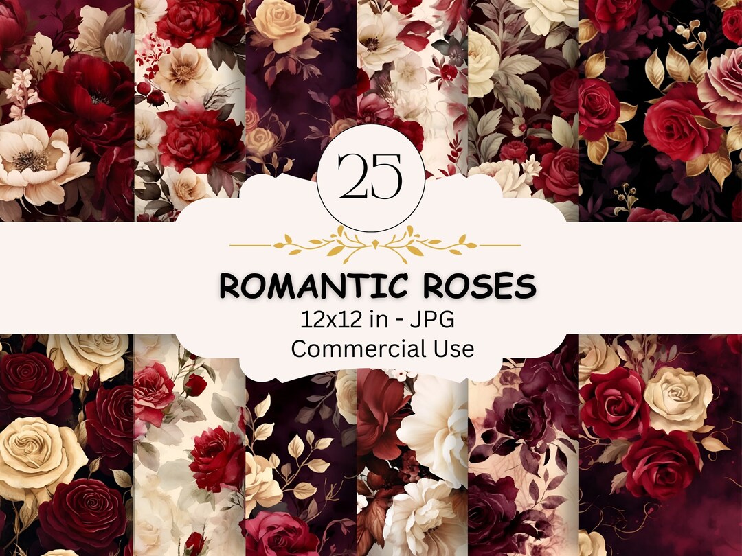 Romantic Roses Junk Journal Pages Bundle, 25 Repeating Pattern Red ...