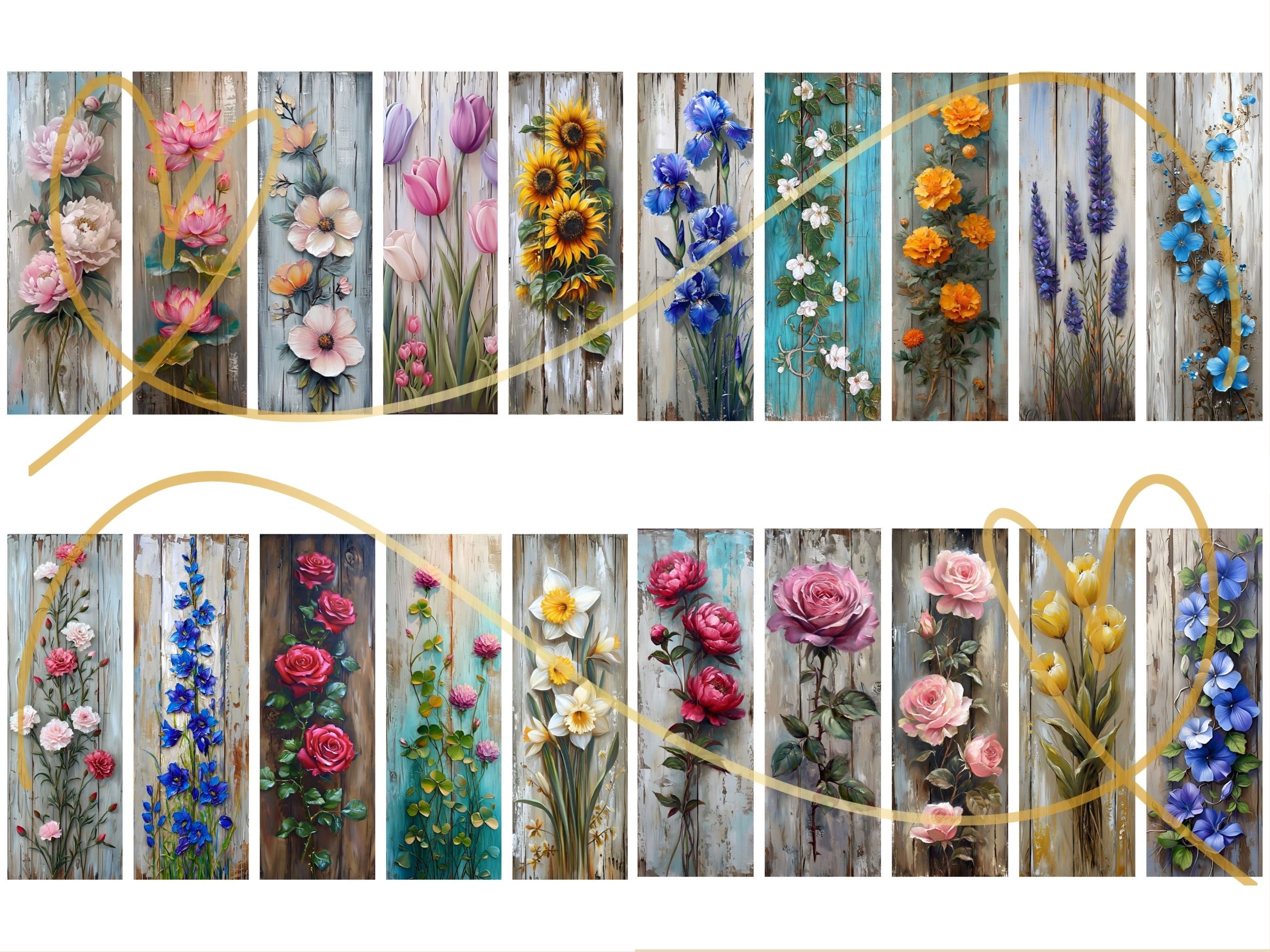 Rustic Floral Bookmarks: Distressed Wood, 20 PNG/JPG Designs (digital ...