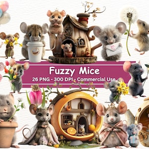 Fuzzy Mouse Clipart, 26 PNGs, Kinderzimmerkunst, süße Mäuse mit Blumen, Luftballons, Geschenk, Käse, Haus, Kartenherstellung, ClipArt, digitales Papierhandwerk