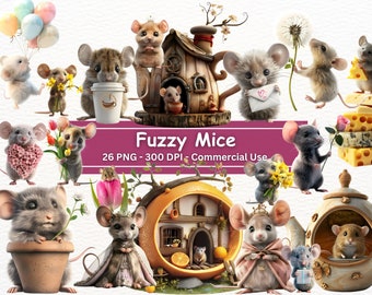 Fuzzy Mouse Clipart Bundle, Nursery PNG Art (Digital Download) Commercial Use