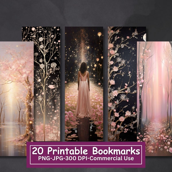 Pink And Gold Fantasy Printable Bookmarks Bundle, Set Of 20 PNG/JPG Floral Bookmark Designs, Sublimate, Print and Cut, Commercial Use
