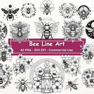 Biene Line Art Clipart, 42 PNG-Set, schwarz-weiße Bienen mit Wabe, Bienenstock, Blumen ClipArt, transparenter Hintergrund, digitales Papierhandwerk