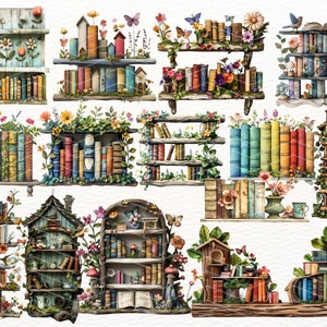 May include: A collection of 12 whimsical bookcases with a variety of styles and designs. Each bookcase is decorated with flowers, birds, and other nature-inspired elements. The bookcases are filled with colorful books and other decorative items.