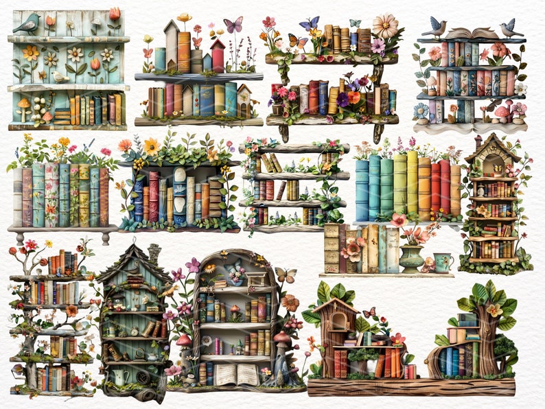 May include: A collection of 12 whimsical bookcases with a variety of styles and designs. Each bookcase is decorated with flowers, birds, and other nature-inspired elements. The bookcases are filled with colorful books and other decorative items.