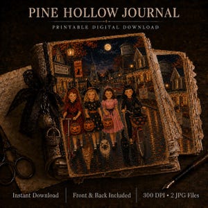 May include: A Pine Hollow Journal printable digital download featuring a nighttime Halloween scene with four children in costumes, jack-o'-lanterns, and cats on a street. The cover includes a black lace bow, and the text reads Pine Hollow Journal.
