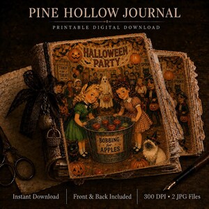 May include: A Pine Hollow Journal printable digital download featuring a vintage-style Halloween party illustration. The image shows children bobbing for apples, a ghost, pumpkins, and a cat. Text includes 'Halloween Party' and 'Bobbing for Apples'.