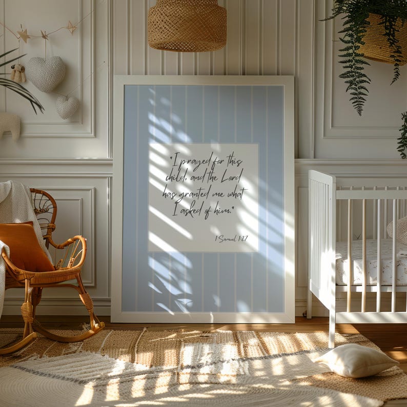 Christian wall decor for nursery room featuring soft blue tones and Bible verse typography.
