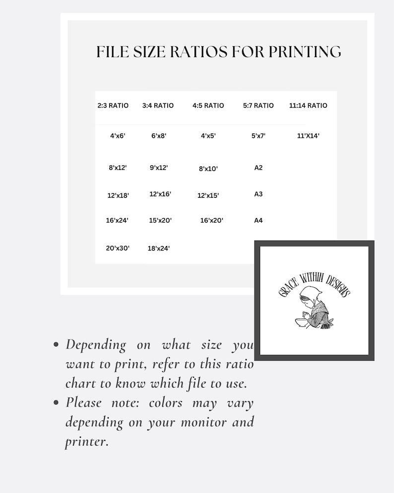 May include: A white background with text indicating a digital download. Sizes listed include 5"x7", 11"x14", 16"x20", 18"x24" and 20"x30". The text "GRACE WITHIN DESIGNS" is at the bottom.