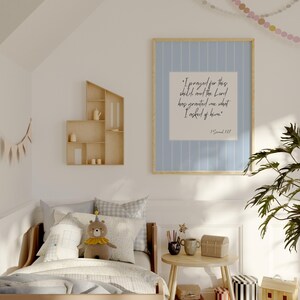 Farmhouse nursery wall art printable with I Prayed For This Child Bible verse.