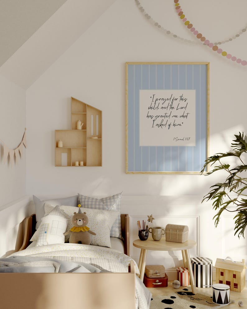 Farmhouse nursery wall art printable with I Prayed For This Child Bible verse.
