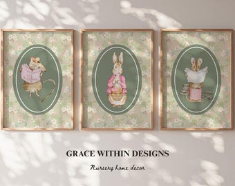 Beatrix Potter Bunny Nursery Wall Art Set of 3 Vintage Bunny Prints Peter Rabbit Nursery Decor Cottagecore Baby Room Autumn Nursery Decor