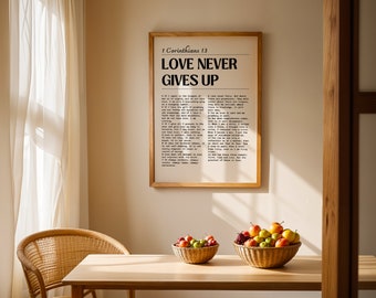 1 Corinthians 13 Printable Wall Art, Christian Wedding Gift, Love Never Gives Up, Bible Chapter Poster, Minimalist  Bible Verse Wall Art