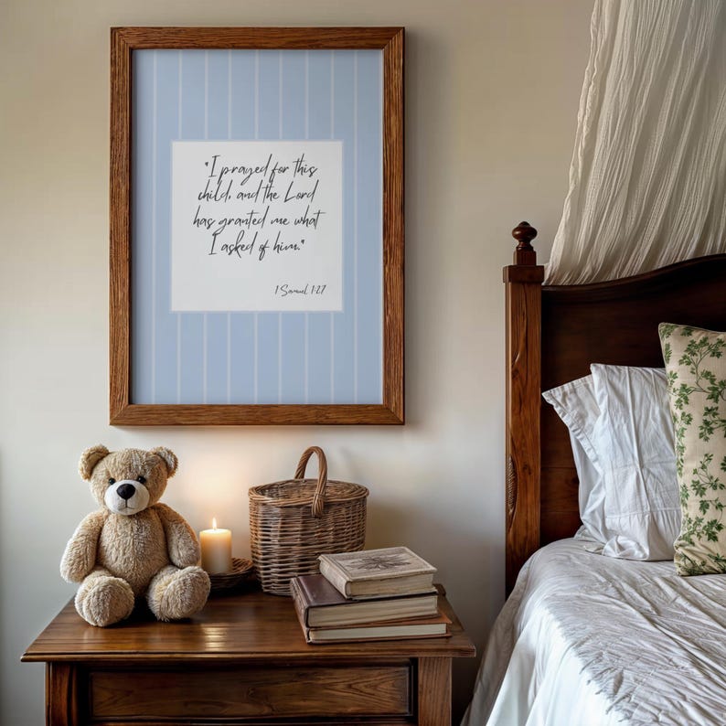 I Prayed For This Child Bible verse wall art printable for Christian baby boy nursery.