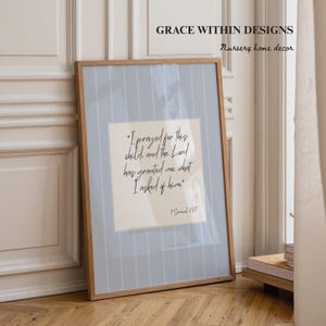 1 Samuel 1:27 Christian nursery printable with blue vintage styling for baby boy room decor.