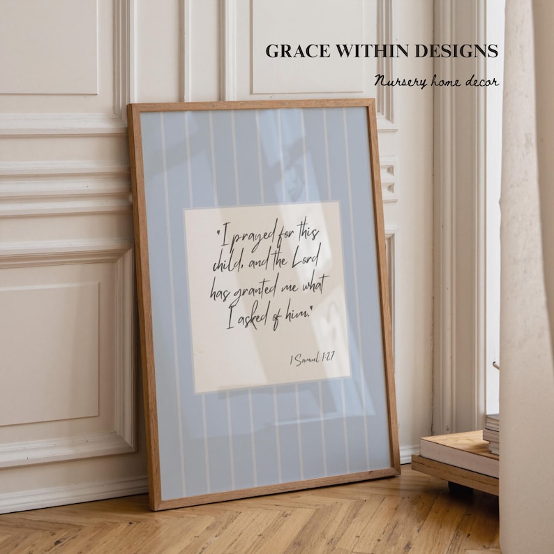 1 Samuel 1:27 Christian nursery printable with blue vintage styling for baby boy room decor.