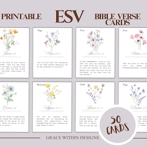 Ensemble imprimable de 50 cartes de versets bibliques ESV, pont de confirmation des écritures, cartes de prière, encouragement quotidien à la foi, téléchargement numérique