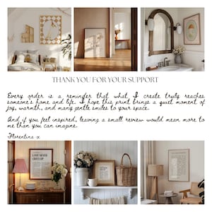 A selection of framed art prints displayed in different rooms. The prints have a neutral colour palette and feature motivational quotes. One print has a geometric pattern, while others display text and illustrations. The style is warm and welcoming.