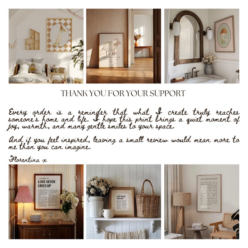 A selection of framed art prints displayed in different rooms. The prints have a neutral colour palette and feature motivational quotes. One print has a geometric pattern, while others display text and illustrations. The style is warm and welcoming.