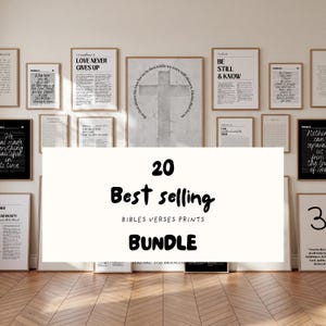 May include: A collection of twenty framed wall art prints featuring various Bible verses in black text on white backgrounds, displayed on a wall. A central overlay graphic displays the text 20 Best selling BIBLE VERSES PRINTS BUNDLE.