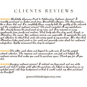 A white background with the text "CLIENTS REVIEWS" in a serif font. Below are customer reviews with star ratings, praising the artwork and customer service. The Etsy shop URL is at the bottom.