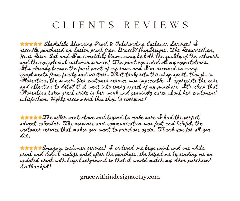 A white background with the text "CLIENTS REVIEWS" in a serif font. Below are customer reviews with star ratings, praising the artwork and customer service. The Etsy shop URL is at the bottom.
