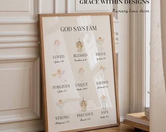 God Says I Am Christian Nursery Printable Bible Verse Affirmation Wall Art Neutral Kids Room Decor Faith Based Digital Download