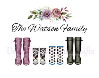 May include: A watercolor illustration featuring a floral arrangement above the text "The Watson Family." Below, six pairs of rain boots are depicted: purple with stars, zebra print, soccer ball design, and black. A personalized family-themed artwork.