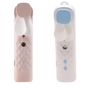 May include: Two portable personal misting fans. One is pink with a light pink top and white fan blades. The other is white with a light blue top and white fan blades. Both have a diamond pattern on the body.