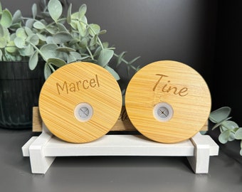 Personalized bamboo lids for 16oz jars